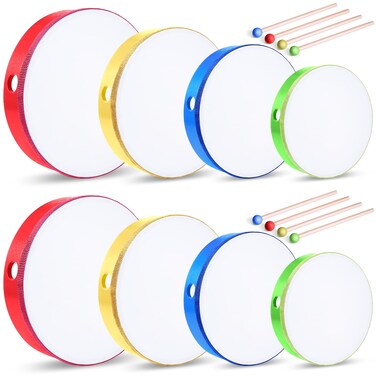 Boao 8 Pcs Kids Hand Drums Percussion Wood Frame Drum with Drum Stick 12 Inch 10 Inch 8 Inch 6 Inch Percussion Musical Instruments for Christmas Home School Kids Adults Beginners Gifts, Multicolor