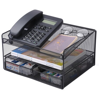 superbpag Desk File Organizer Counter Telephone Stand Paper Organizer Storage Rack with Pull Out Mesh Drawer for Office Home, Black