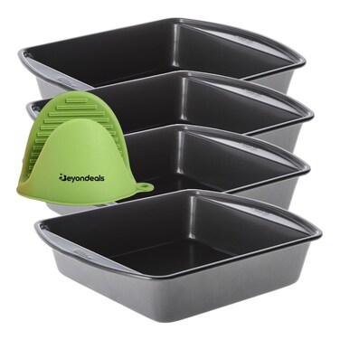 Wilton Perfect Results Square Pan Non Stick Baking Pan, Bundle Silicone Oven Mitts - Durable 8X8 Baking Pan, Even-Heating, Bakeware For Brownies, Cakes, Casseroles~ [Pack Of 4]