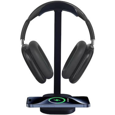 Headphone Stand with 15W Wireless Charging, Headset Stand for Desk, Gaming Headphone Holder with Aluminum Support Bar Silicone Pad Headrest Compatible for Bose, Beats, Razer, Airpod Max, Sony PS4 et.