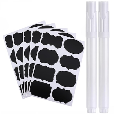 KKUANG 160PCS Black Self Adhesive Chalkboard Stickers Waterproof Spice Label Removable Stickers with 2 White Liquid Chalk Suitable for Food Containers Wedding Decoration Scrapbooking