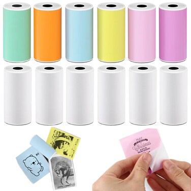 BYBOUS 12 Rolls Self-Adhesive Multicolor Thermal Paper 53 * 28mm Printer Paper Compatible With T02/M02 Mini Thermal Printer Study Notes Maker Gift, Journal Photos, Journal, Work