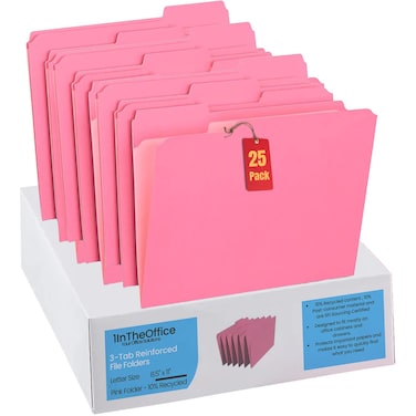 1InTheOffice File Folder Letter Size, 1/3 Tab File Folders, Letter-Size File Folder, Pink, 25 Pack