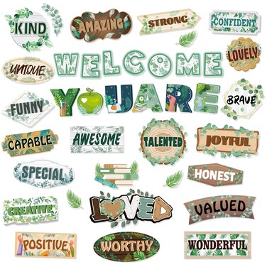 HOWAF 39pcs Eucalyptus Affirmation Station Bulletin Board Set, Inspirational Cutouts for Welcome Back to School Classroom Decor, Positive Accents Cut-Outs for First Day of School Chart Wall Supplies