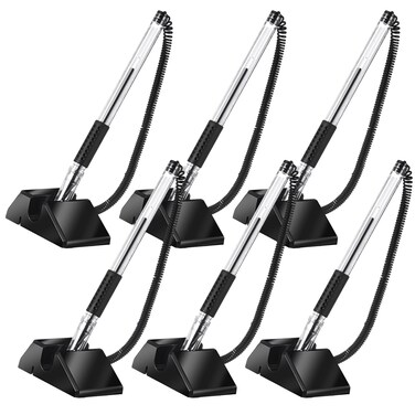 Fuyoooo 6 Pcs Desktop Pens with Plastic Chains and Holder Secure Counter Pens with Chain Desktop Black 0.5mm Pen Set for Office Home Supplies