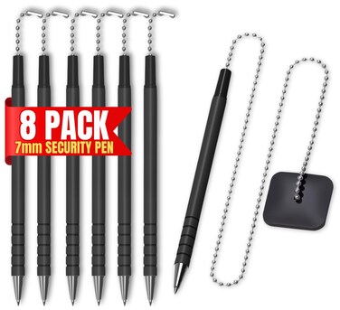 1InTheOffice Pen with Chain 7mm, Security Pen with Adhesive Pad, Desk Pen with Ball Chain for Business Counter, Black, (8/Pack)