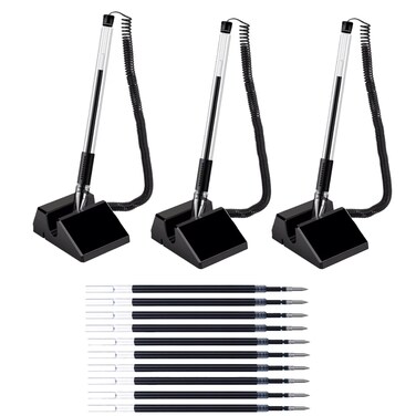 3 Pieces Desktop Pens with Plastic Chains and Pen Holder Counter Pen Set with Adhesive Base and 10 Pieces Black Ink Refills for Home Office Supplies (Black, 0.5mm)