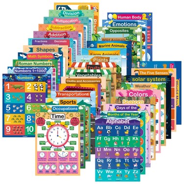 35 Pcs Educational Posters for Toddlers 1-3 Preschoolers,Homeschool Supplies 11.7 x 16.5 in, All-in-One Alphabet Poster Toddler Learning Posters for Homeschool Preschool 1st, 2nd, 3rd, 4th &amp; 5th Grade