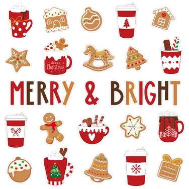 Whaline 52Pcs Christmas Cutouts Hot Cocoa Gingerbread Bulletin Board Decorations Cocoa Mug Coffee Cup Merry &amp; Bright Cutouts Cute Xmas Classroom Decor for Winter Holiday Home Party Decor