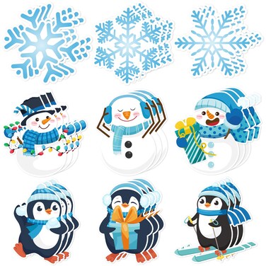 Nezyo 45 Pcs Winter Party Decoration Snowflake Bulletin Cutouts Winter Paper Cut Snowman Penguin Decoration Cutouts for Winter Holiday Party DIY Supplies Classroom Home Chalkboard Decor (Winter)