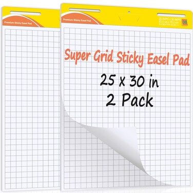 ReliThick 2 Pads 25 in x 30 in Premium Sticky White Grid Easel Pad, 30 Sheets/Pad, Anchor Chart Paper for Teachers, Flip Chart Paper with Sticky, Large Self Stick Flip Chart Paper