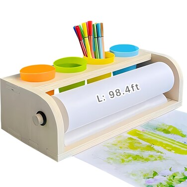 WAYUTO Wooden Tabletop Paper Roll Dispenser with Paper Roll and Pencil Holder Cups Craft Paper Roll Dispenser Desktop Paper Roll Holder Paper Roll Easel Art Paper Roll Stand for Kids