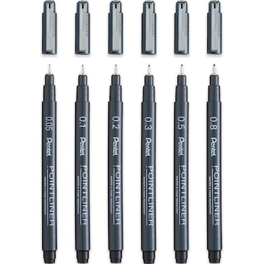 Pentel S20P Pointliner Pigment Liner Technical Drawing Fineliner Pen - 0.05mm, 0.1mm, 0.2mm, 0.3mm, 0.5mm, 0.8mm - Black Ink - Pack of 6