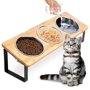 Elevated Cat Food Bowl, 15&deg;Tilted Cat Bowl Stand with 3 Stainless Steel Raised Cat Bowls for Food and Water, Anti Vomit Feeding Station for Indoor Cats and Pet