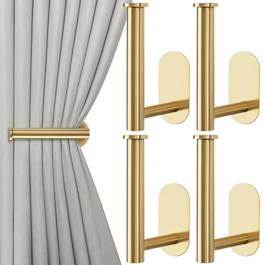 4 Pack Curtain Holdbacks, Metal Curtain Tiebacks, Self Adhesive No Drill Curtain Holders, L Shaped Curtain Hooks, No Drill Curtain Tie Backs for Home Office Decorative Curtain Decor (Gold)