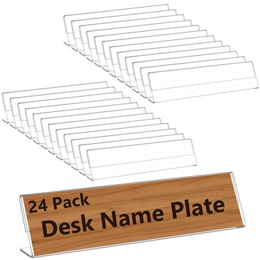 Yalikop 24 Pieces Acrylic Name Plates for Desks, 2 x 8 Inches Clear Slant Back Sign Holder Stand for Table Display, License Name Label Holder Table Tents Frame for Office