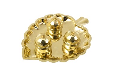 Spillbox Traditional Handcrafted Brass Thali Haldi kumkum Chandhan Holder Stand Plate with Lid for Pooja/Worship - 3 Leaf Bowl - Small