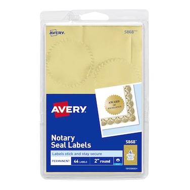 Avery Inkjet Print or Write Notarial Seals, 2 in Diameter, Gold, 18 Packs (5868)