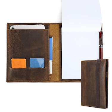 Contacts Full Grain Leather Portfolio for Men Legal Pad Padfolio Folder Binder Organizer Notepad Holder Fit 7.9" iPad and A5 Size Document