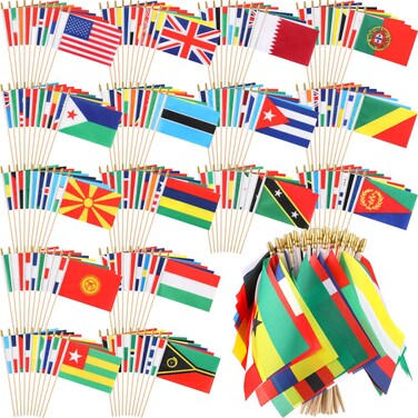 Preboun 200 World Flags Countries Flags on Stick Small Country Flags on Sticks International Flags of The World Small Mini Hand Held Flags for Sports Events, International Festival, 5.5 x 8.2 Inch