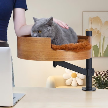ZBUQ Cat Bed Desk with Pet Mat, Cat Hammock for Desk, Cat Bed Desk with Wooden Bowl, 360&deg; Rotation and Adjustable Height, Coffee