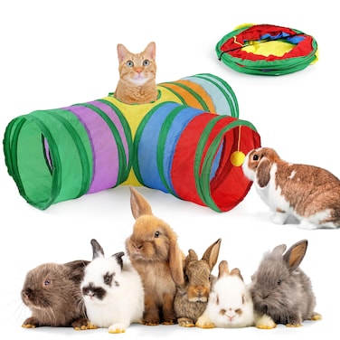 hiimalex 3-Way Rainbow Bunny Tunnel Tubes with Peephole &amp; Hanging Ball Toy Collapsible Durable Rabbit Hideout for Indoor Bunny Guinea Pig Ferret Hamster Chinchilla Gerbil Kitten