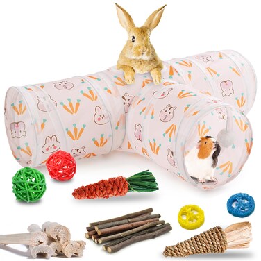 HERCOCCI Rabbit Toys, Bunny Tunnels &amp; Tubes, Collapsible 3 Way Rabbit Hideout Tunnel with Chew Toys for Rabbit Bunny Guinea Pig Ferret Kitten