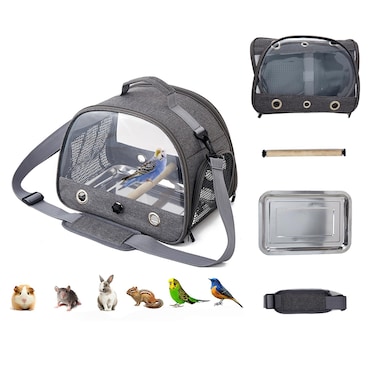 MANON ROSA Bird Carrier Travel Cage with Perch-Lightweight Breathable Parrot Backpack with Stand Tray Shoulder Strap for Small Pet Chinchillas Hamsters Squirrels Bunnies Kittens