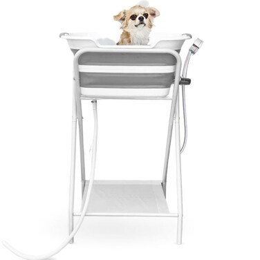 CYGNE 2-in-1 Dog Bathtub &amp; Washing Station, Elevated Collapsible Bathtub with Drainhole, Shower Head Holder &amp; Storage Rack, Foldable Portable Indoor/Outdoor Pet Bathing &amp; Grooming for Small Dogs Cats