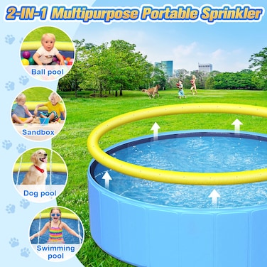 artcool 63" Thicken Dog Pool for Pet and Kids,Non-Slip Kiddie Pool Hard Plastic,2-in-1 Foldable Sprinkler Pool,Extra Large Kids Pool,Portable Swimming Pool for Summer Outdoor Backyard