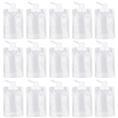 RONRONS 15 Pieces Refillable Squeeze Pouch Bags for Toiletries, 100ml/3.4oz Plastic Flask TSA Approved Travel Size Containers, Leak Proof Empty Squeezable Lotion Tubes Bags Shampoo Bottles