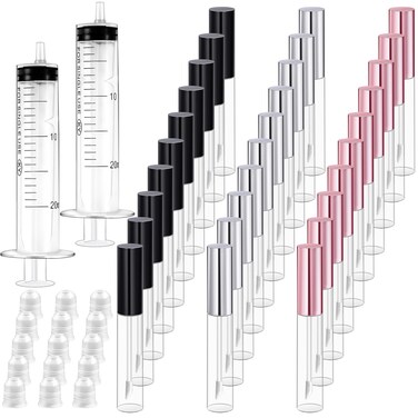 Bercoor 30 Pack Lip Gloss Tube, 10ml Empty Refillable Lip Balm Bottle Clear Plastic Lip Gloss Container with Rubber Stoppers for DIY Makeup, Personal Cosmetic, Black, Sliver and Pink