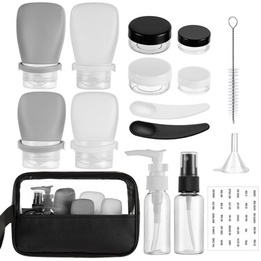 HFKPJRT 16 Pcs Travel Bottles for Toiletries, Leak Proof Silicone Travel Size Containers Set with Bandage, 1oz Refillable Cosmetic Squeeze Bottles, Travel Essentials for Shampoo Conditioner Lotion
