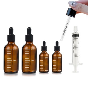 VOVOH Dropper Bottles 0.1&amp;0.3 oz with 5ml Syringe Extract Tool, 5ml &amp; 10ml Thick Dark Amber Glass Tincture Bottles with Eye Droppers-Leakproof Essential Oils Small Bottles with Scale Lines