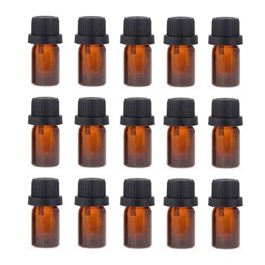 5ml Amber Glass Bottle For Essential Oil Refillable Vials with Euro Dropper Orifice Reducer Liquid Dispenser Travel Glass Bottle Glass Empty Cosmetic Jar Black Cap-15 Pack