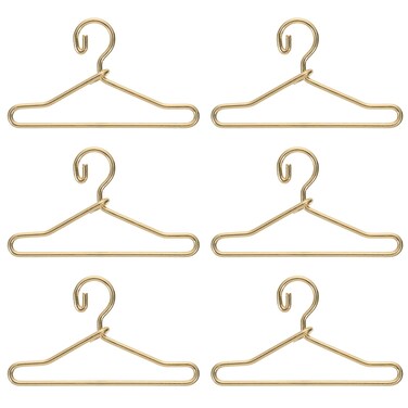 50Pcs Mini Clothes Hangers Metal Doll Clothes Dress Outfit Holders Wire Rack Stand for Miniature Dollhouse Gown Closets Toys Bedroom Accessories Golden 40mm