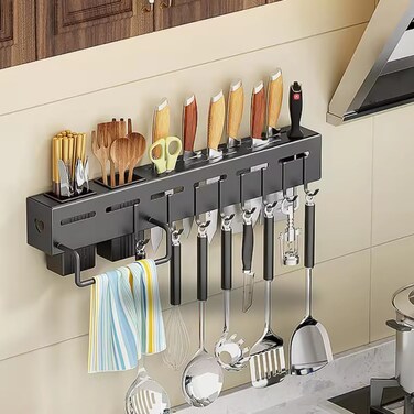 IECOM Wall Mount Kitchen Utensils Hanging Rack, 20" Multi-Use Kitchen Organizer with Utensil Holder, Hanging Organizer - Black