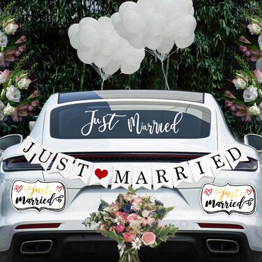 4 Pcs Just Married Wedding Car Decorations - Include Just Married Ornate Car Magnets 12x7, Just Married Car Wedding Day Car Window Decals 22.4x5, Just Married Sign Banner Car for Honeymoon Wedding