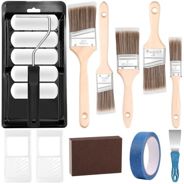 Mckanti Paint Roller Brush Kit for Walls, Painting Supplies Includes Paint Rollers with Tray, Wall Paint Brushes, Painter&rsquo;s Tape, Sanding Block and Scraper for House Painting and Home Interior