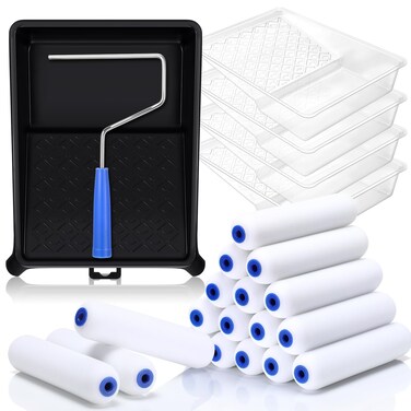 Nezyo 24 Pcs Paint Roller Kit 18 Foam Paint Rollers 6 Inch Roller Frame and Paint Tray with 4 Paint Tray Liners Small Paint Roller Tray Set for Painting Walls, Cabinets