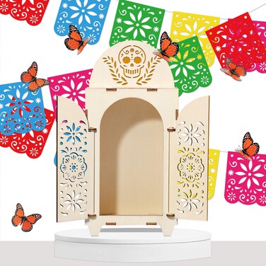 Freesdai 10Pcs Dia De Los Muertos Decorations Wooden Shadow Box Day of The Dead Ofrenda Altar Decor with Papel Picado Butterfly Remembrance Supplies
