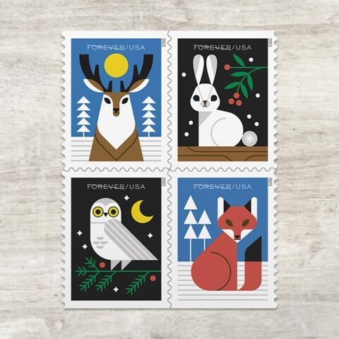 Winter Woodland 2023 Forever Postage Book of 20 Self-Stick Stamps for USPS First Class Envelopes (20 Stamps), GBFV100, Flower