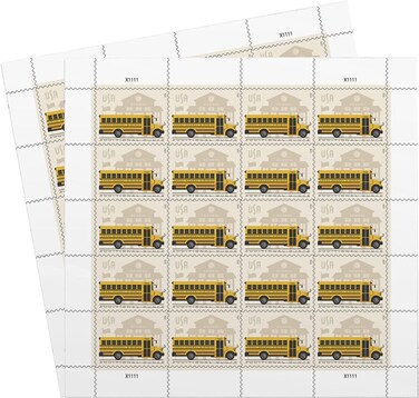 School Bus Additional Ounce Postage Stamps 2 Sheets of 20 Students Children Teachers Celebration Party Announcement (40 Stamps)