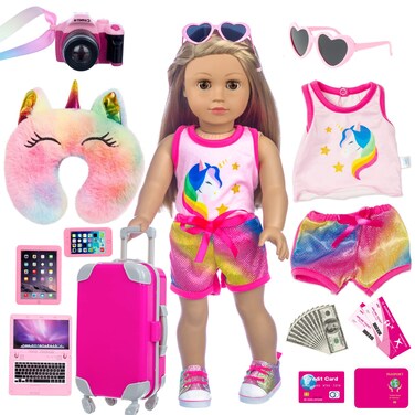 XFEYUE 23 Pcs American 18 inch Doll Clothes and Accessories - Suitcase Luggage , Pillow, Sunglasses, Camera, Passport, Mobile Phone , Computer Doll Travel Gear Play Set Fit 18 inch Doll (No Doll)