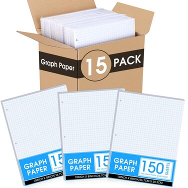 Noveread 15 Pack Graph Paper, 8" x 10.5" Loose Leaf Graph Paper, 2250 Sheets Bulk 4 x 4 Inch Quad Ruled Grid Paper Filler Paper, 3 Hole Punched, 60 Gsm, 150 Pcs Each Pack, Office Student Supplies