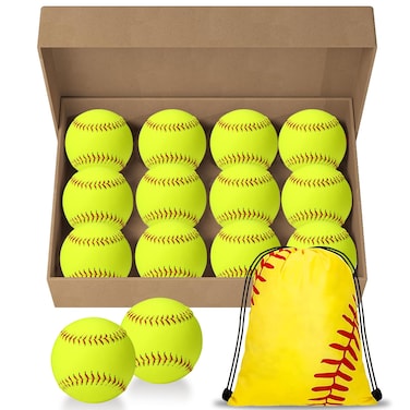 LByng 12 Pack Sports Practice Softballs, 11 Inch Slow Pitch Official Size and Weight Softballs, Unmarked Leather Covered Training Ball for Games, Practice and Training