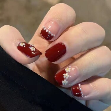 Florry Press on Nails Short French Fake Nails Red Round Glossy Acrylic Nails with Flower Stick on Nail for Women and Girls 24PCS