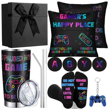 Pickmesh 12 Pcs Gamer Gifts Valentine Gaming Gifts for Men Video Game Gifts Gamer Gifts Box Include Gaming Pillow Cover Gaming Tumbler Socks Coaster Keychain for Father Video Game Lover