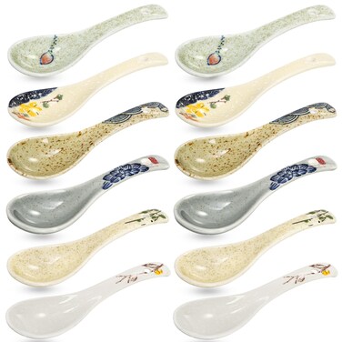 Cididu Set of 12 Asian Soup Spoons Ceramic, Retro Japanese Soup Spoons, Delicate Chinese Serving Spoons, Porcelain Ramen Spoons for Pho Miso Noodles Dessert Wonton Dumpling, Dishwasher Safe, 5.5''L