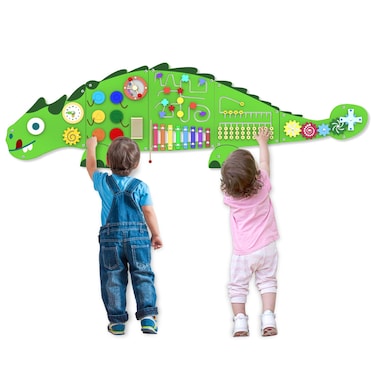 Sinpedex Activity Wall Panels for Kids: Dinosaur Sensory Wall Board for 3+ Years with 10 Activities - Wooden Decor for Toddler Playrooms Bedrooms Daycares